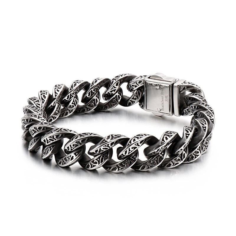 Azubpi 316 Stainless Steel Engraved Cuban Link Bracelet for Men,