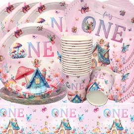 Doyomtoy Fairytale Birthday, 61 Pieces Fairy Flowers Mushroom Party Tableware 1 Year Party Girls Fairies Birthday Plates Cups Napkins for Children's Birthday Flowers Party Decoration Baby Shower 1st