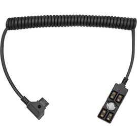 D Tap Male to 4 Port D-Tap Female Splitter Adapter Power Coiled Cable Compatible with ARRI RED Cameras, TILTA, Steadicam, IDX, V Mount Battery, with 1/4" Mounting Screw and Indicator Light, 59“