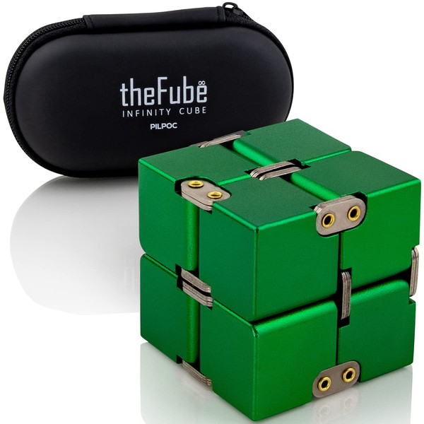 PILPOC theFube Infinity Cube Fidget Desk Toy - Premium Quality Aluminum Infinite Magic Cube with Exclusive Case, Sturdy, Heavy, Relieve Stress and Anxiety, for ADD, ADHD, OCD (Green)