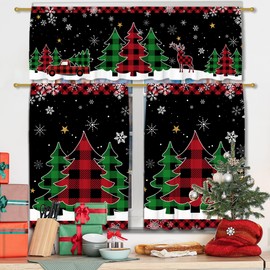 Christmas Kitchen Curtains for Windows, Christmas Trees Kitchen Decor Curtains and Valances Set Farmhouse, Rod Pocket Winter Tree Buffalo Plaid 2 Panels (27x24") + Tier (54x18") Tier Set Xmas for Cafe