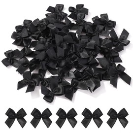 Jollybows Pack of 100 Mini Satin Ribbon Bows, 2.5 cm Black Satin Ribbon Bows Mini Double Sided Colour Bow Mini Ribbon Bowtie for Sewing, Wedding Decoration, Cards, DIY Crafts, Hair Bow Hat, Gift