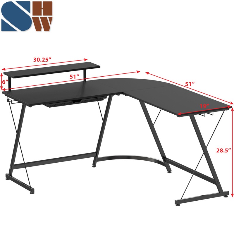 SHW 51 x 51 Inches Vista L-Shaped Desk with Monitor
