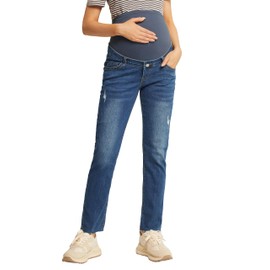 Maternity Comfy Elastic Casual Tight Pants High Waist Pregnancy Jeans Over The Belly Dark Blue L