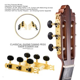 DJ204GK-A2B TENOR Classical Guitar Tuners, Tuning Key Pegs/Machine Heads for Classical or Flamenco Guitar in Gold Plated Finishing with Ebony colored Buttons.