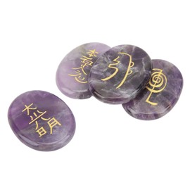 Zerodis Pack of 4 Reiki Symbols Stone Natural Reiki Healing Crystals Engraved Reiki Symbols Stones Alternative Medical Healing Crystals (Amethyst)