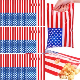 Chivertion 48 Pcs Patriotic Plastic Gift Bags Bulk American Flag Veterans Day Red White and Blue Party Favors Bags for Labor Day Party Decoration