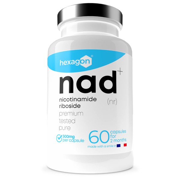 NAD+ Nicotinamide Riboside Chloride 300 mg - +2 Months Care - NAD Booster - Anti-Aging and Anti-Fatigue - Made in France - 60 Vegetable Capsules - Vegan - Hexagon
