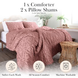 Southshore Fine Living, Inc. Clipped Jacquard Comforter Bedding Set Down Alternative All-Season Warmth, Soft Cozy Bedspread 3-Piece with Two Matching Shams, Boho Withered Rose, King/California King