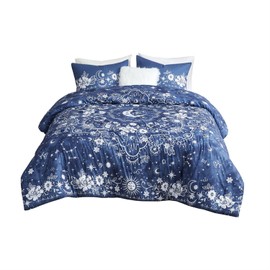 Intelligent Design Stella Cozy Comforter Set Cosmic, Moon and Sun Celestial Print with Solid Reverse All Season Bedding with Matching Sham, Decorative Pillow, Full/Queen, Navy/White 4 Piece