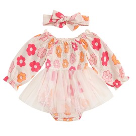 Ursobutegl Newborn Baby Girls Romper Dresses Ruffle Pleated Smocked Bubble Floral Tulle Skirt Ruched Bodysuit Fall Clothes (Apricot, 12-18 Months)