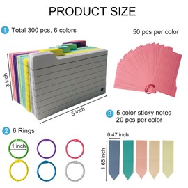 ZACHMEST 300 PCS 6 Colors Index Cards, 3 x 5 Inch Punched Colorful Flash Cards with 6 Binder Rings & 100PCS Sticky Note, Ruled Note Cards for Home School Office