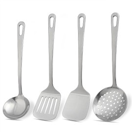 Cooking Utensils Set 4pcs - Stainless Steel Kitchen Utensils, Heavy Duty Metal Utensils Set with Stainless Steel Spatula Set Wok Spatula, Wok Ladle, Skimmer, Slotted Turner, Dishwasher Safe