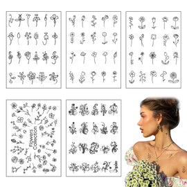 Tattoo Stickers, 5 Pcs, Waterproof, Flowers, Leaves, Long Lasting, Waterproof, Easy to Apply, Cute, Fashionable, Women's Tattoo Stickers, Suitable for Arms, Legs, Body, Chest, Shoulder, Back