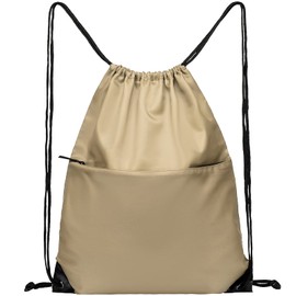 BuyAgain Drawstring Backpack Sports Water Resistant String Bag Sport Gym Sackpack for Women Men Large with Zipper, Khaki
