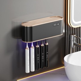 UV Toothbrush Sanitizer Holder for 4 | Wall Mounted Toothbrush Holder for Bathroom with Fan Drying | USB Rechargeable Toothbrush Cleaner & Sterilizer, No Drill Install, Modern Design (Black)