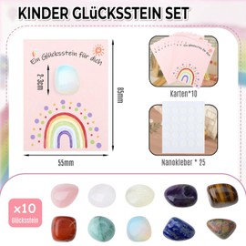 GUJOXILA 10 Stück Edelsteine für Kinder Glückssteine Trommelstein Set für Schatzsuche Taufe Mitbringsel Kindergeburtstag Kommunion Gastgeschenke Bunte Glücksbringer Stein