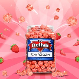 Gourmet Pink Strawberry Colored Popcorn by It's Delish, 16 Oz Jumbo Container | Bulk Colorful Popcorn Snack - Fruity Flavored Air Popped Corn Fun Confetti – Gluten Free, Vegan, Kosher, 1 Count