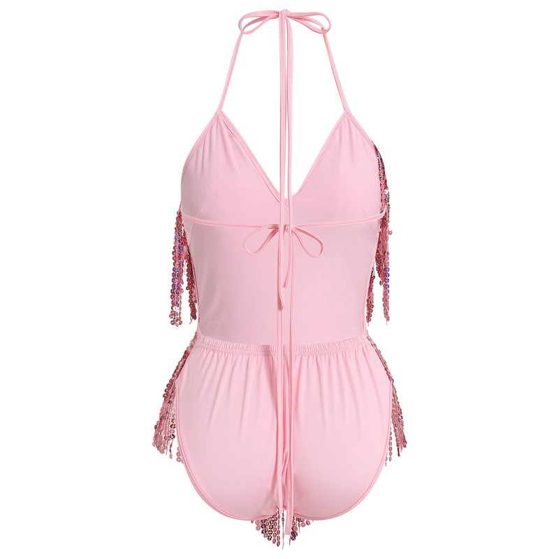 IWEMEK Sequin Sparkle Stars Fringes Bodysuit Leotard Rave Outfit for