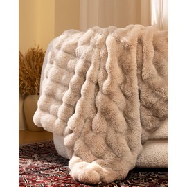Ultra Soft Cozy Faux Fur Throw Blanket, Fuzzy Plush Thick Bubble Blanket, Oversize Luxury Fluffy Blanket for Couch, Bed, and Living Room, 50x60 Inches, Light Brown