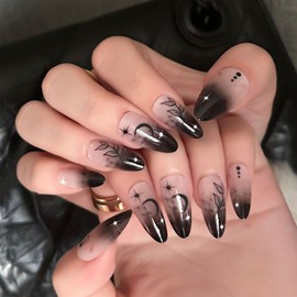 Spring Press on Nails Almond Fake Nails Black Gradient Stick Nails with Sun Stars Moon Design Reusable Full Cover Artificial Acrylic Glue Nails Press on Nails for Women Girls 24Pcs