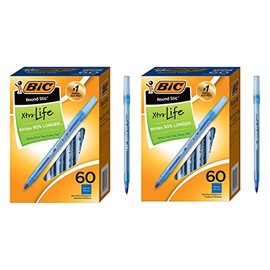 BIC Round Stic Xtra Life Ballpoint Pen, Medium Point (1.0mm), Blue, 60-Count (GSM609-BLUE) (2 Pack)