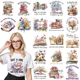 Dazoratix Book Lover Transfer Stickers - 20 Sheets Flower Iron on Transfers Heat Ready to Press Patches for T-Shirts Women Clothing Decals DIY Crafts Clothes Hat Pillow Backbpack Decorations Appliques