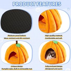 PawsSynergy Cat Beds for Indoor Cats and Small Dog,Cute Pumpkin Shape Cat Sleeping Bag with Removable Washable Cushioned Pillow,Soft and Warm Indoor Cat House (Orange, Large)