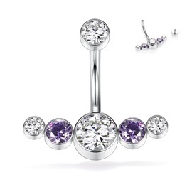 G23 Titanium Navel Ring Internally Threaded Belly Button Ring 14G 3/8 inch (10mm) Belly Button Bar Curved Shape with Purple CZ