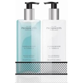 Pecksniffs Kitchen Soap Dispenser Set, Moisturizing Liquid Hand Soap Lotion Set for Kitchen Sink Bathroom Countertop with Black Metal Mesh Caddy, 10.14 Fl oz (Sandalwood and Vanilla)