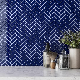 VaryPaper 10 Sheets Navy Blue Herringbone Peel and Stick Backsplash Stick on Tiles for Kitchen Waterproof Self Adhesive Bathroom Wall Tile Vinyl Backsplash Sticky Tiles for Walls Shower 12''x12''