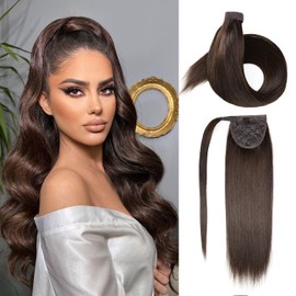 JIAMEISI Ponytail Extension Human Hair Wrap Around Clip in Hair Piece Ponytail Extension Human Hair Straight Ponytail Hair Extensions with Magic Paste 80G 18 Inch #2 Darkest Brown