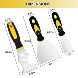 3Pcs Putty Knife, 2" 4" Spackle Knife Set Stainless Steel 15-in-1 Painters Scraper Wallpaper Scraper Tool for Repairing Drywall, Removing Wallpaper, Applying Putty, Plaster, Cement, Adhesive