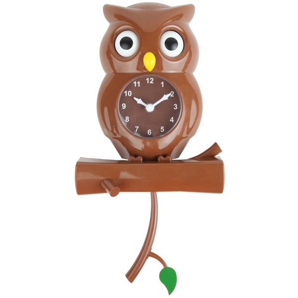 Lily's Home Pendulum Owl Clock with Revolving Eyes and Swinging Branch, Battery Powered and Wall Mountable, Wonderful and Whimsical Addition to Themed Bedroom Décor, Brown (15 Inches)