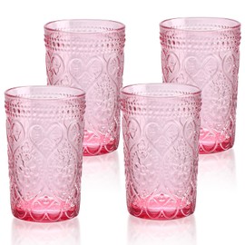Vintage Drinking Glasses Set of 4-12 OZ Pink Embossed Old Fashioned Water Glasses Tumblers for Whisky, Beer, Juice, Beverages, Cocktail