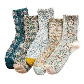 MeganJDesigns 5 Pairs Cotton Socks for Women Men Girl Thick Knit Boots Breathable Socks Cute Floral Crew Socks Set