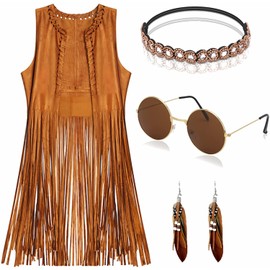 YADODO Hippie Costume - Fringe Vest - Sleeveless - For Girls - 60s and 70s Style - Brown - with Fringes - Leather (XL), brown