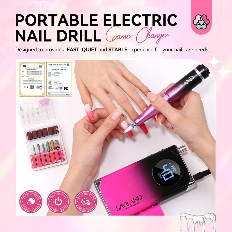 SAVILAND Professional Electric Nail Drill Machine: 40000RPM Rechargeable Nail Drill