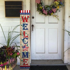 Lineshading 4th of July Porch Sign Farmhouse Patriotic Welcome Outdoor Sign Retro USA Flag Porch Signs Wooden Rustic Vintage Standing Hanging Wall Decor for Independence Day Home Front Door Decor