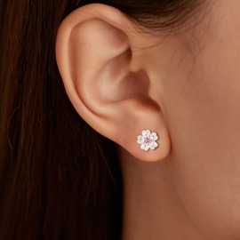 SUYACS Pink Cherry Blossom Flower Earrings with Cubic Zirconia for Women Elegant 925 Sterling Silver Birthstone Stud Earring Cute Floral Spring Summer Earring Wedding Jewelry to Daughter (Pink)