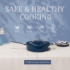 CookinCraze Nonstick Ceramic Sauté Pan with Lid (4.5 qt, 11"), Deep Frying Pan for All Cooktops - Non Toxic, PTFE/PFOA/PFAS Free, Dishwasher & Oven Safe up to 500°F - with Stay Cool Handle - Navy Blue