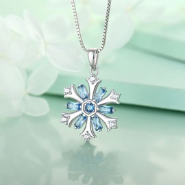 FJ Snowflake Necklace Women's 925 Sterling Silver Aquamarine Necklace Snowflake Pendant Jewellery Gifts for Women, Cubic Zirconia, Cubic Zirconia