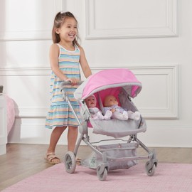 Badger Basket Voyage Twin Carriage Doll Stroller for 18 to 20-Inch Dolls with Rotating Pram Handle and Storage Features – Perfect for Little Mommies on The Go!