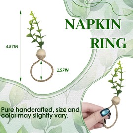 MAOANME Napkin Rings Set of 12, Rustic Eucalyptus Napkin Holder Rings with Wood Bead, Farmhouse Green Leaf Napkin Ring Bulk, Boho Napkin Ring for Wedding, Table Decor