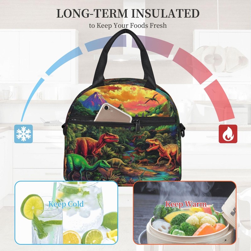 bassyil Dinosaur Insulated Lunch Bag Reusable Lunch Box With Adjustable