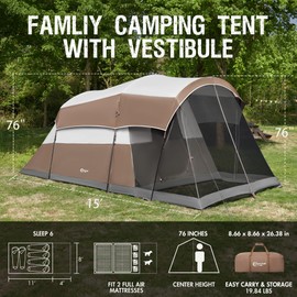 Portal 6 Person Family Camping Tents with Screen Porch, Weater Resistant 7' Tall Tent with Rainfly & Upgrated Poles, Easy Setup Tent for Outdoor Family Camping