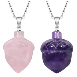 mookaitedecor 2pcs Purple Amethyst Necklace Pink Rose Quartz Crystal Necklace Hazelnut Pendant Necklace for Women, Semi Precious Stone Necklace Reiki Healing Crystal Necklace Unique Jewellery Gift