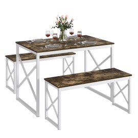 VECELO Wood Dining Table Set for 4 with Bench Kitchen Table Breakfast Table Furniture - Dark Brown