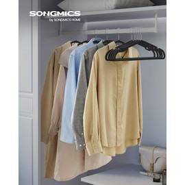 SONGMICS Clothes Hangers 50 Pack, Heavy-Duty Plastic Hangers, Coat Hangers with Wide Shoulder Notches, Pant Bar, 360° Swivel Hook, Space-Saving, 16.4 Inches, for Closet, Ink Black UCRP060B01
