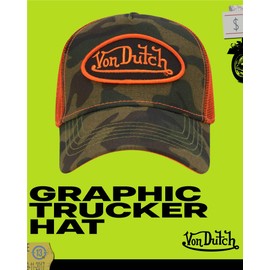 Von Dutch Monogram Trucker Cap - Retro Snapback Cap for Men and Women - Adjustable Snap Fit Panel, Mesh Rear, Curved Bill, Size One Size, Camo